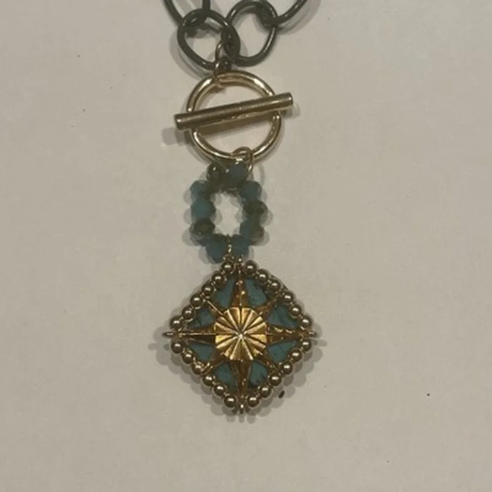 Chunky Gunmetal Chain Toggle Necklace Gold Starburst Turquoise Bead Pendant